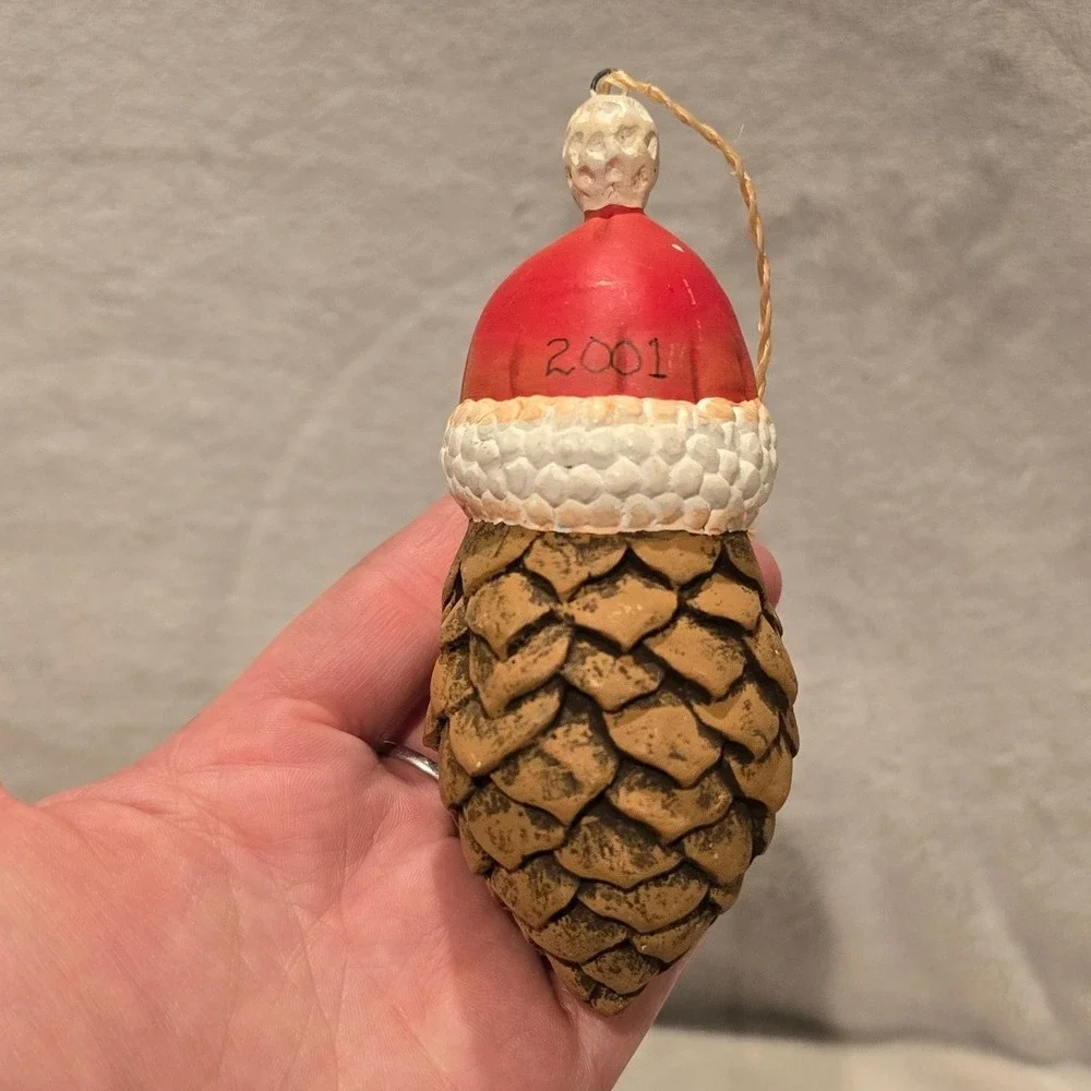 Vintage 2001 Hand Painted Santa Claus Pinecone Christmas Ornament Rustic Holiday